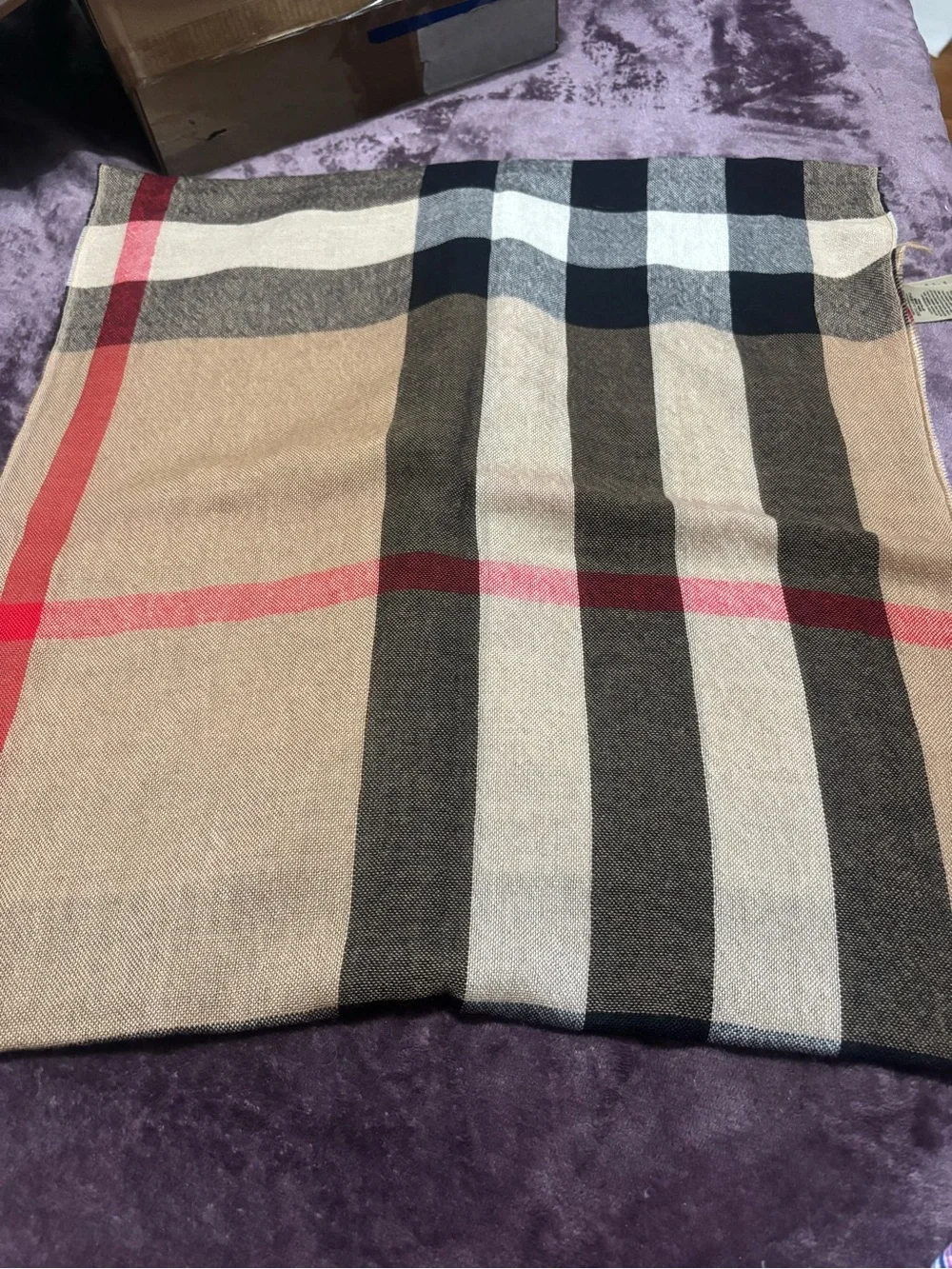 Burberry Beige Plaid Cashmere-Blend Scarf with Black, White and Red Stripes